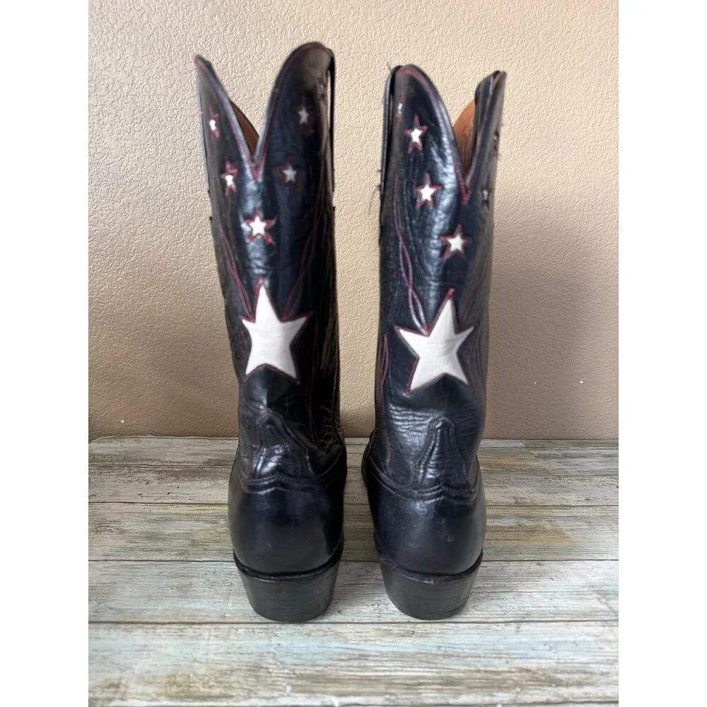 Lucchese Classics Star Inlay Cowboy Boots Black Leather USA Vintage 10.5 w/FLAW - Picture 5 of 16